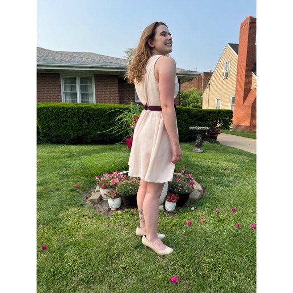 Lauren Conrad Size 6 Vintage Blush Pink Sleeveless A-Line Dress W/ Plum Belt - Picture 9 of 10